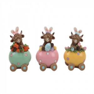 Resin Easter Highland Cow on Egg Cart