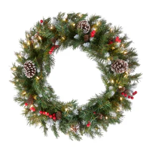 Wreath 24"/61cm w Lights Berries and Pine Cones