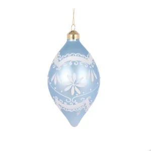 Bauble Glass Drop Elaborate Frosted Blue 8cm